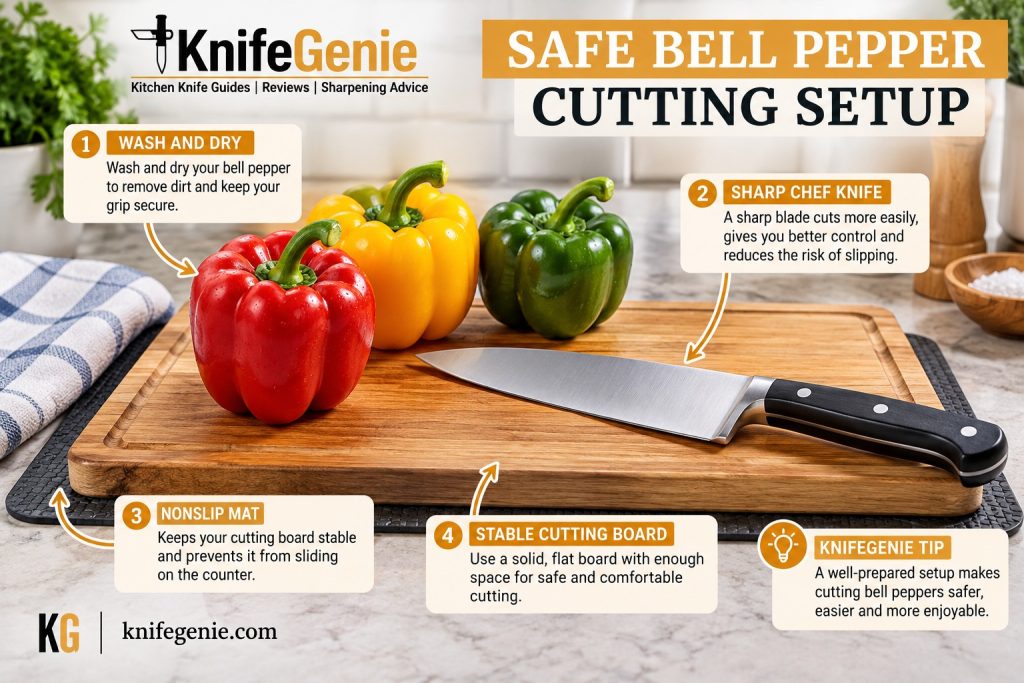 Bell pepper and chef knife on a stable cutting board with a non-slip mat
