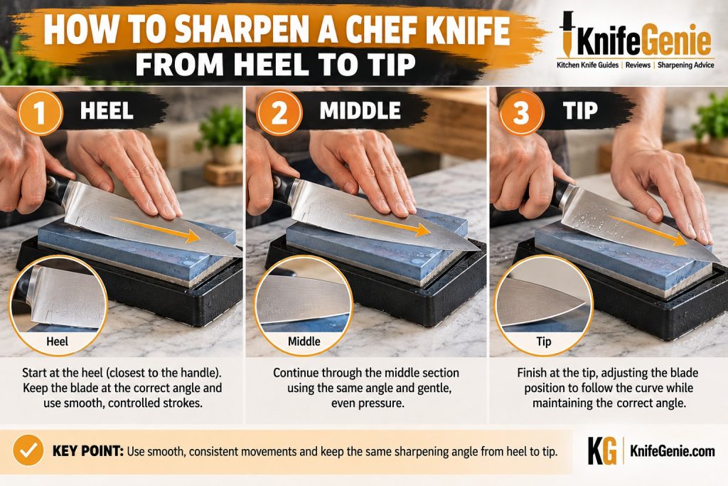 Three-stage sharpening sequence showing the heel, middle, and tip of a chef knife on a whetstone.