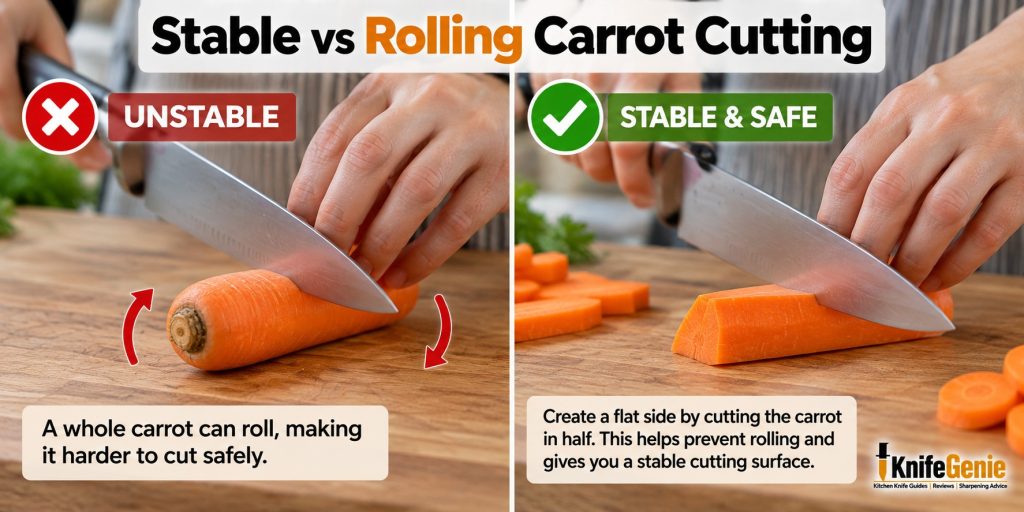 Comparison of a rolling whole carrot and a stable carrot half on a cutting board.
