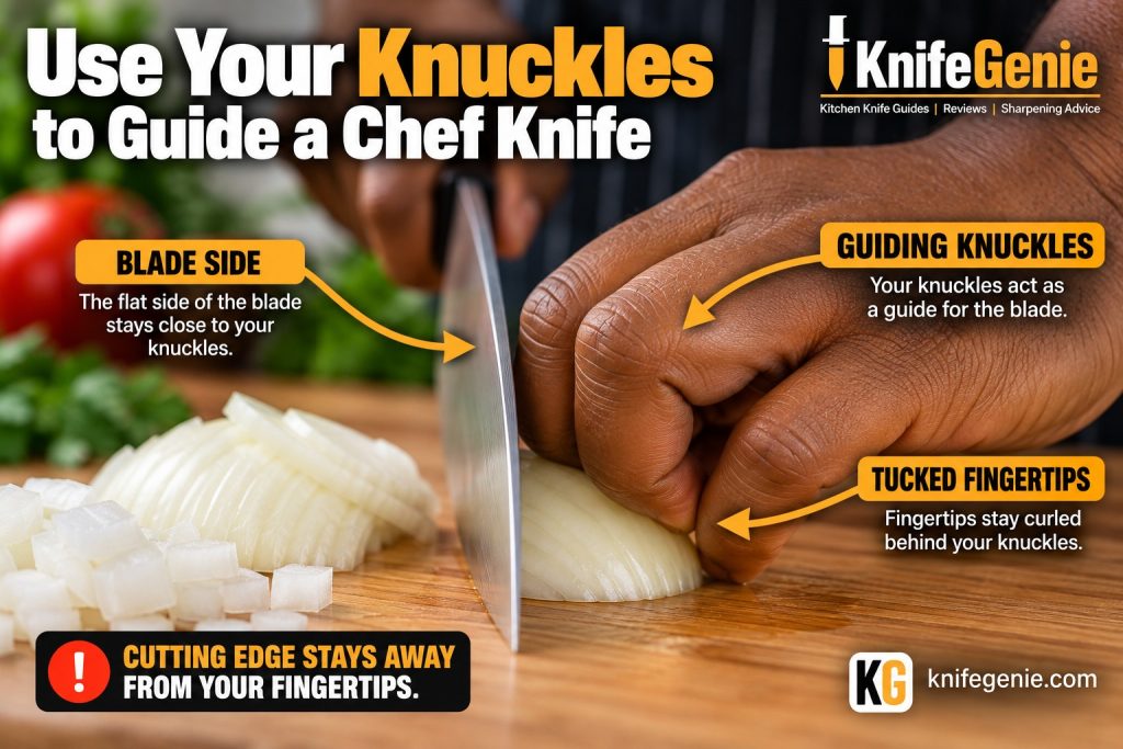 Chef knife blade beside guiding knuckles in the claw grip