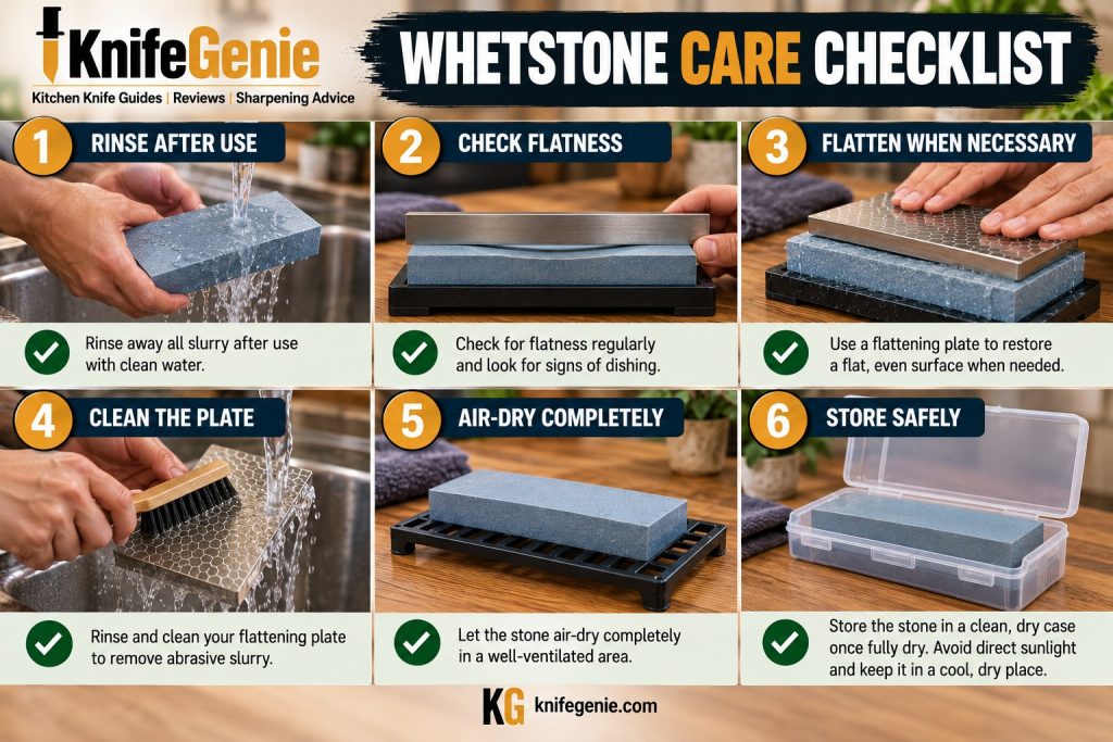 Whetstone maintenance checklist covering cleaning, flattening, drying, and storage.