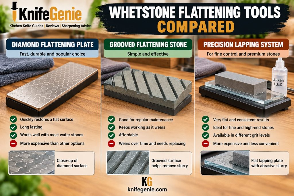 Diamond flattening plate, grooved flattening stone, and precision lapping system compared.