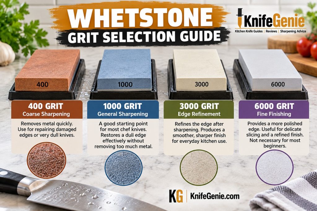 Comparison of 400, 1000, 3000, and 6000-grit whetstones for knife sharpening.