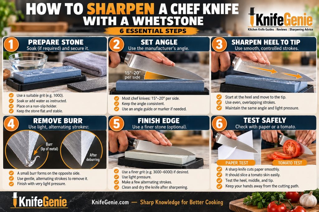 Checklist for whetstone preparation, sharpening angle, heel-to-tip strokes, burr removal, and safe testing.