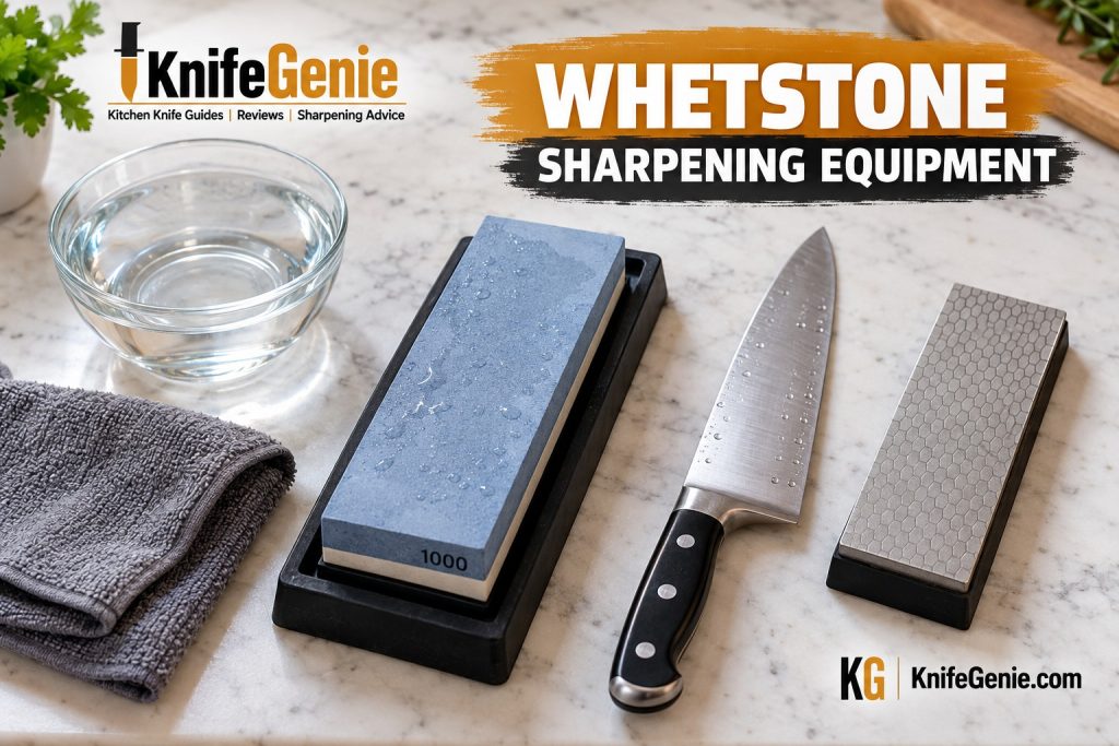 Chef knife, water stone, non-slip holder, water bowl, and towel arranged for sharpening.