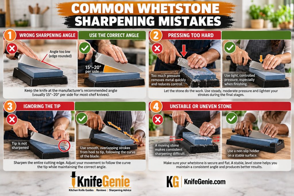 Four sharpening mistakes showing wrong angle, excessive pressure, neglected tip, and unstable stone.